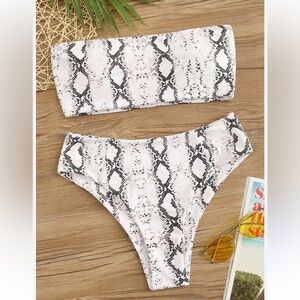 Shein White Snake Skin Print Bandeau Top & Cheeky Bikini Bottom Set New